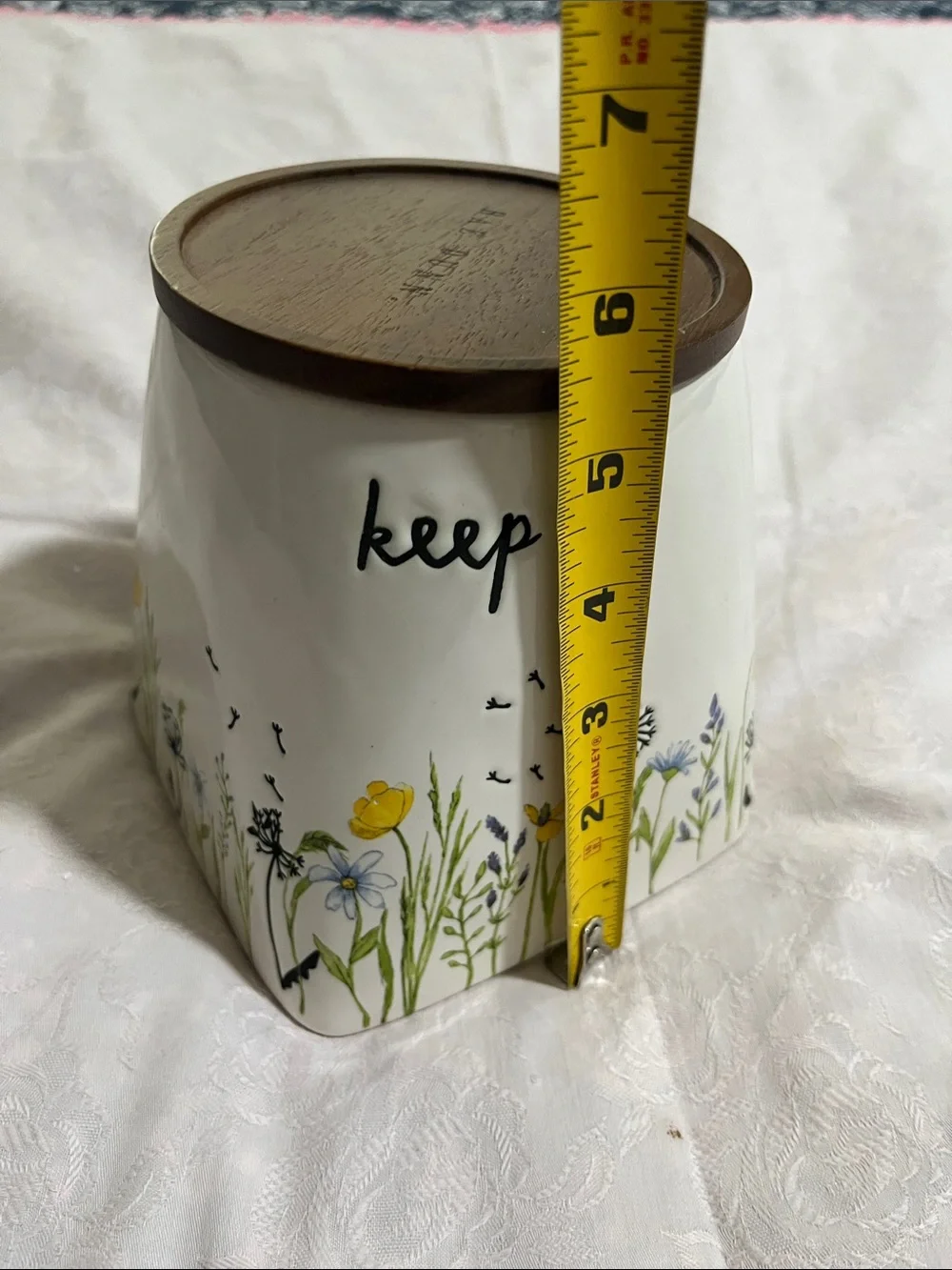 “Keep” Rae Dunn Floral Wildflower Ceramic Jar with Brown Wood Lid, 6” H x 4” D
